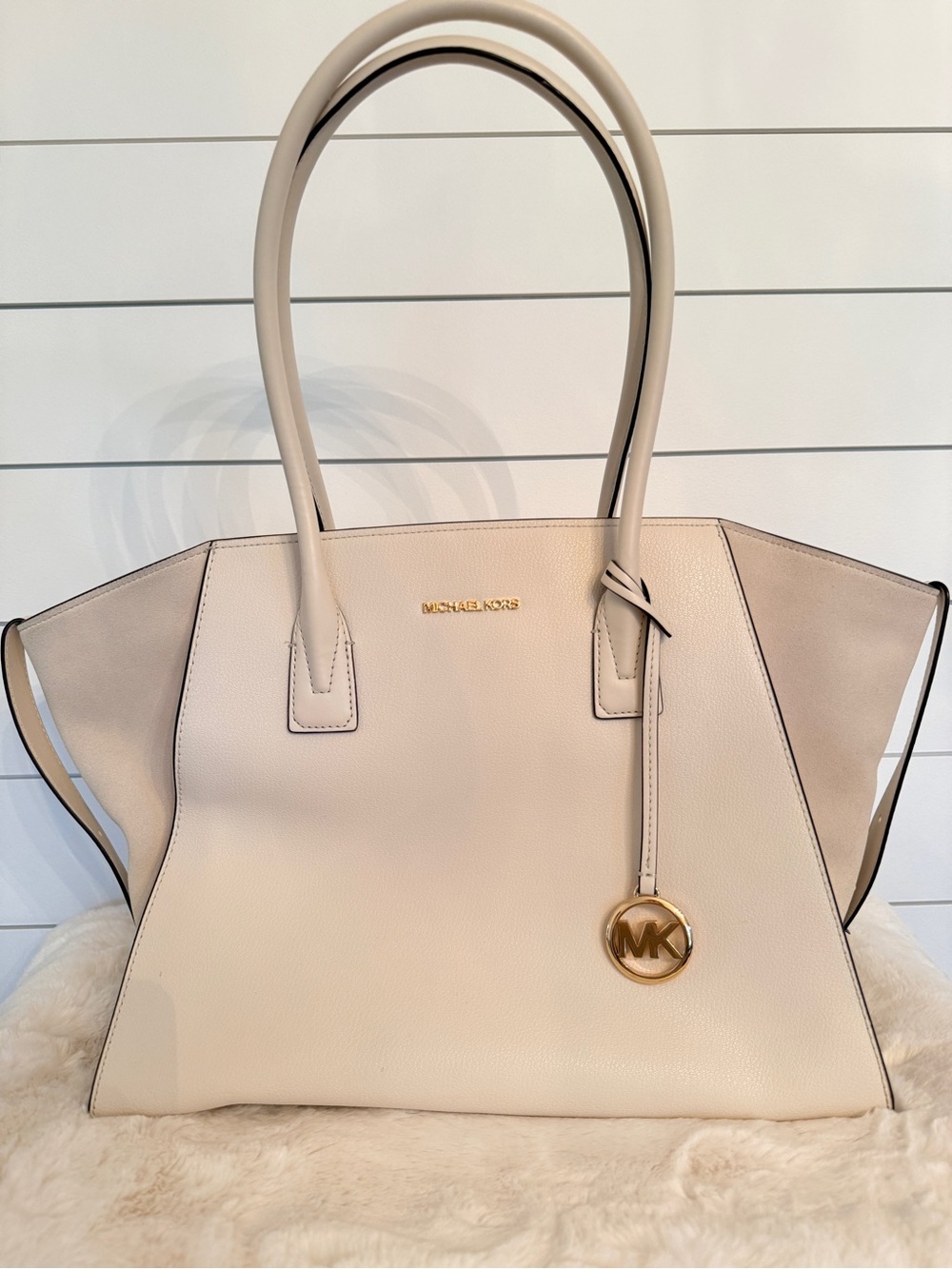 Michael Kors Cream Leather Tote with Gold MK Charm